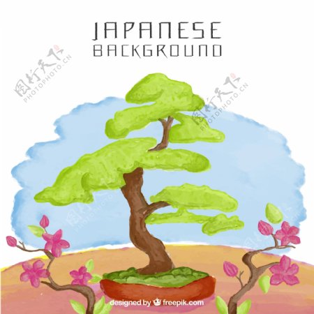 日本水彩盆栽背景