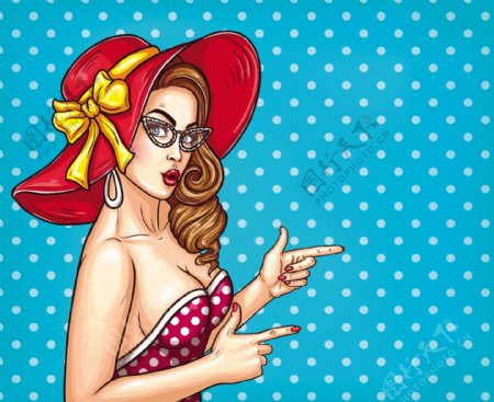 矢量流行艺术在一个豪华的帽子和眼镜点指向一个性感女孩的插图