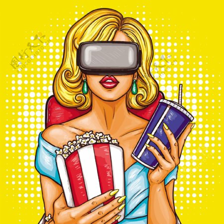 矢量波普艺术女人与虚拟现实眼镜看电影