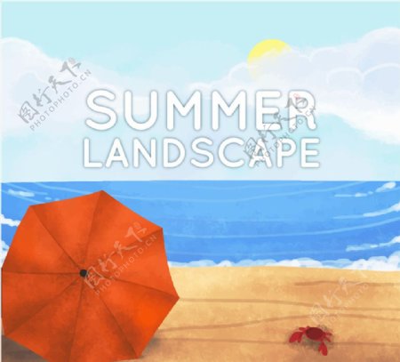 夏季沙滩遮阳伞和螃蟹矢量图