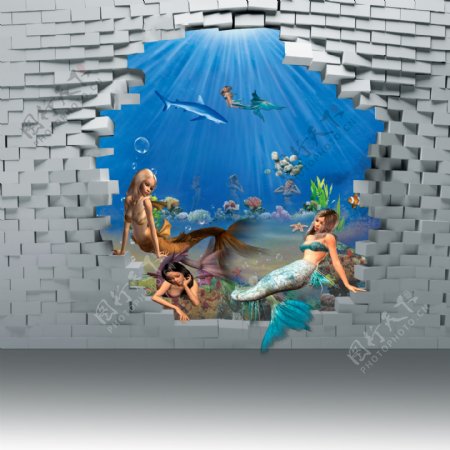 3D海底魔幻童话世界美人鱼背景墙