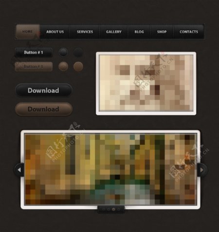 棕色皮纹质感网页导航按钮勾选框素材