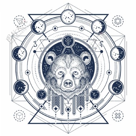 熊头和月相的几何纹身的矢量图示