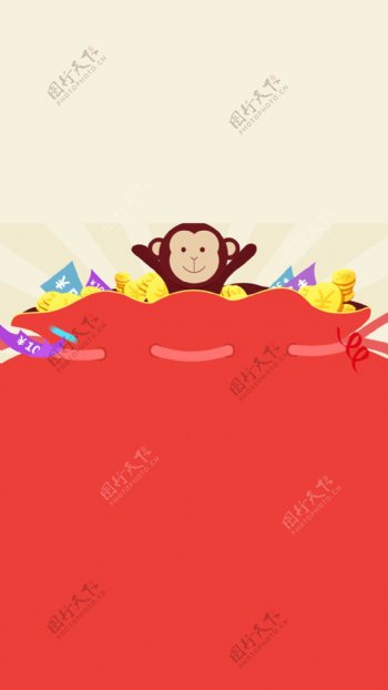 红色钱袋卡通猴子H5背景素材