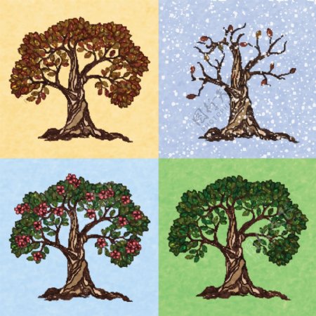 四个季节夏季秋季冬季春季树壁纸插画矢量图