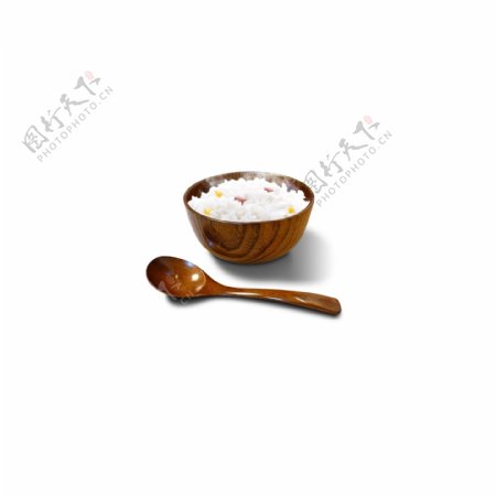 一木碗米饭木勺大米食物