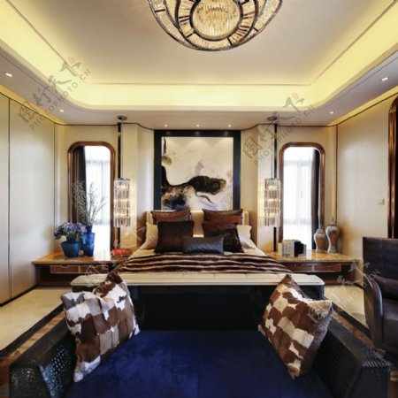 现代时尚卧室深蓝色地毯室内装修效果图