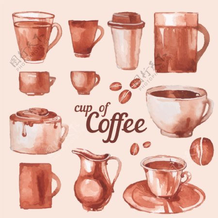 水彩绘各种咖啡杯插画