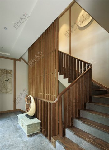 新中式古朴简约风格实木楼梯效果图