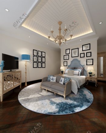 美式清新卧室圆形渐变色地毯室内装修效果图