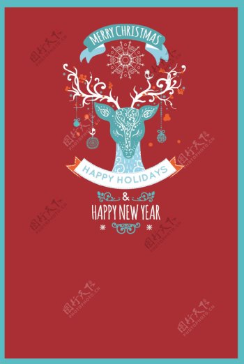 红色驯鹿角新年快乐海报背景