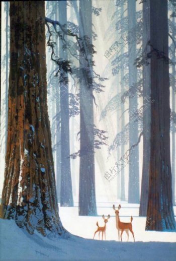 手绘森林动物树木雪景装饰画