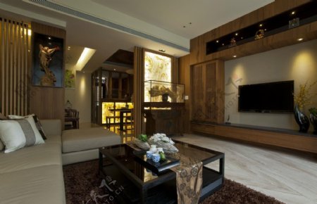 中式经典浅色沙发客厅室内装修效果图
