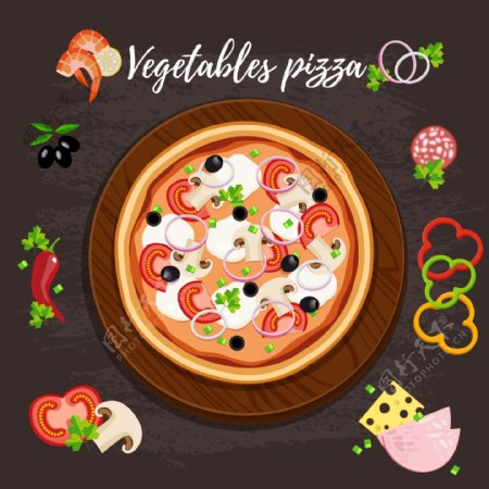 美味的披萨和食材插画