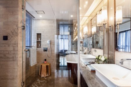 现代卫生间瓷砖洗手台室内装修效果图