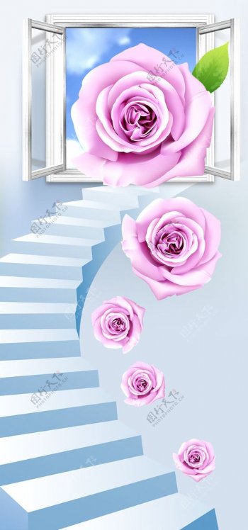 3D时尚楼梯玫瑰花玄关背景墙