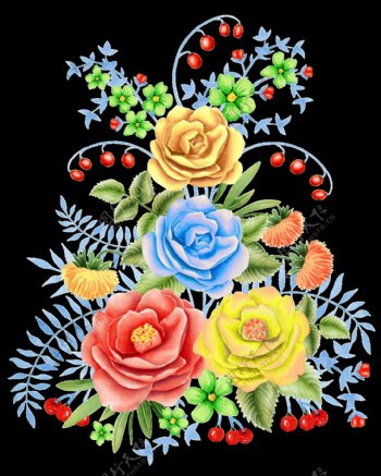手绘颜色鲜艳的玫瑰花png透明素材