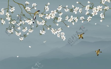 现代中式古典花鸟壁画