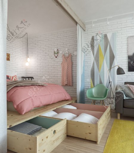 简约温馨卧室白色瓷砖背景墙室内装修效果图
