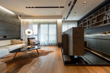 新中式现代木质客厅效果图
