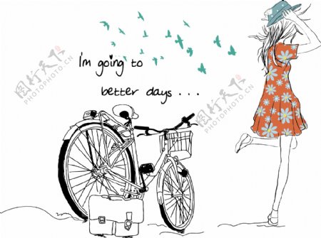 手绘自行车和少女插画
