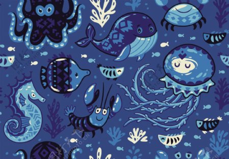 时尚蓝色卡通海洋动物