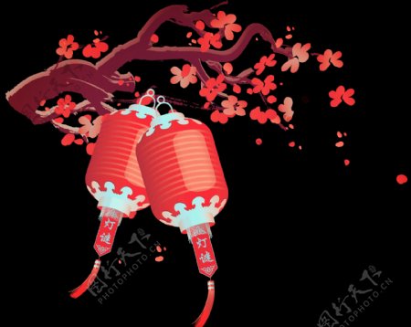 艳丽红色灯笼梅花节日元素