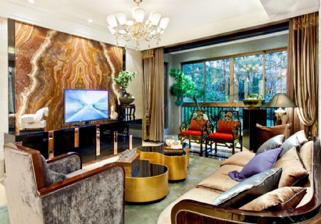 美式客厅黄色电视背景装修效果图