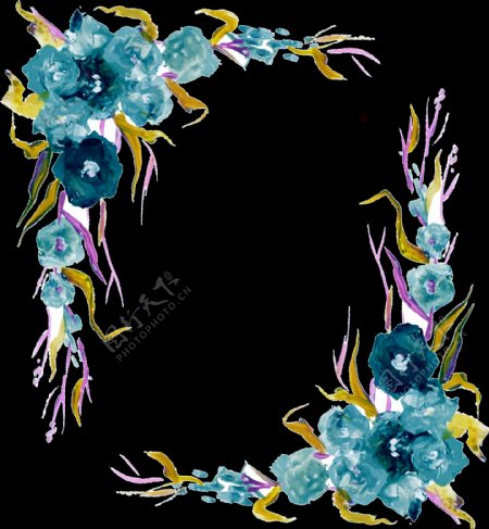 深蓝色水彩花朵手绘花环装饰元素