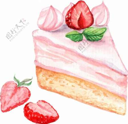 水彩绘草莓蛋糕插画