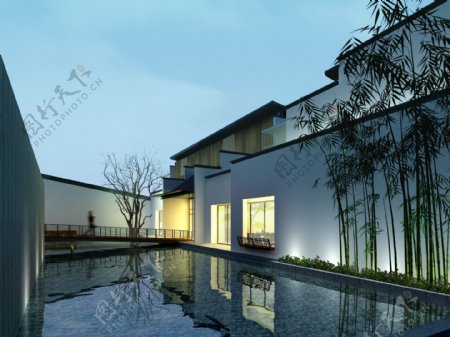 中式建筑四合院庭院水池竹子夜景3d效果图
