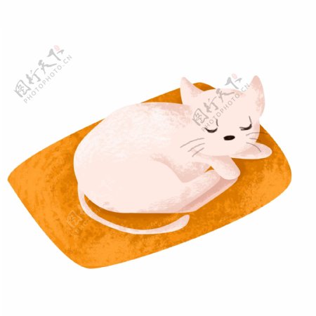 手绘卡通黄色垫子上睡觉的小白猫