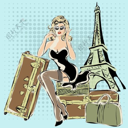 卡通时尚手绘旅行中的女人插画