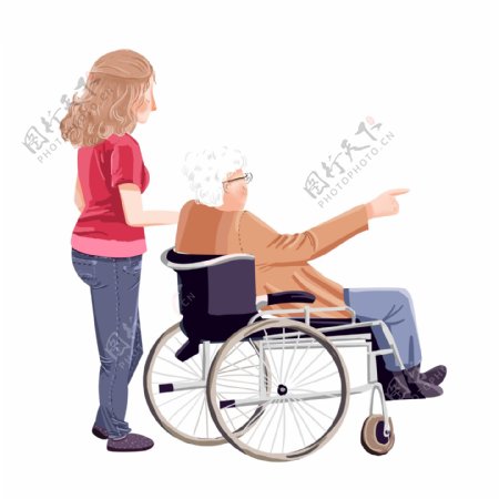 坐在轮椅上的老人和年轻女子卡通元素