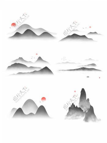 中国风手绘新式水墨山水飞鸟传统古典背景