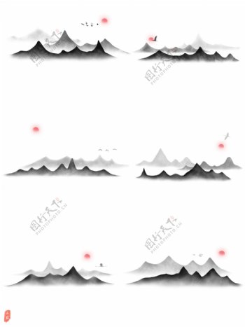 手绘水墨山中国风飞鸟古典可商用元素套图
