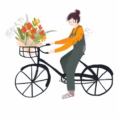 骑自行车的少女和鲜花卡通元素