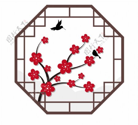 中国风矢量手绘红色梅花古典窗可商用元素