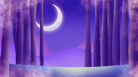 树林树干月亮天空紫色背景