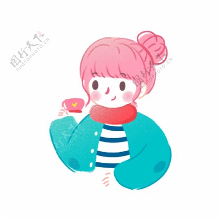 韩国卡通可爱喝咖啡的小女孩可商用元素