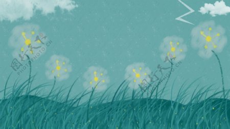 雷雨闪电交加的草丛手绘插画背景设计