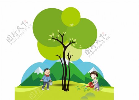 卡通绿色大树植树节png元素