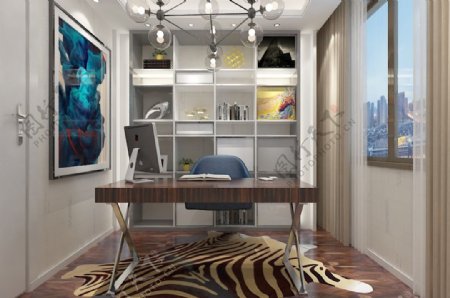 创意灯具地毯实木家具书房3d效果图