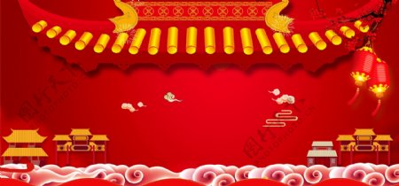 红色古建筑中国风鞭炮喜庆热闹banner背景