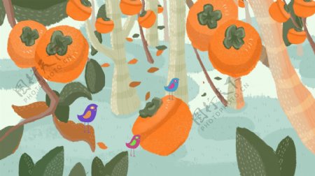彩绘秋季柿子树背景素材