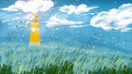 草地上的黄色小楼卡通背景