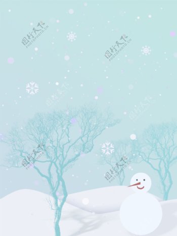 雪景光头雪人绿树漫天飞雪简约背景