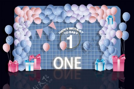 气球马卡龙色宝宝宴周岁宴迎宾合影区效果图