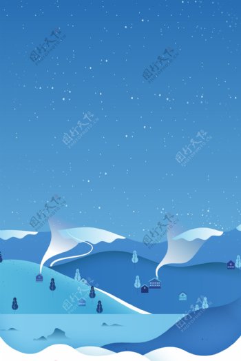 手绘卡通蓝色大雪背景