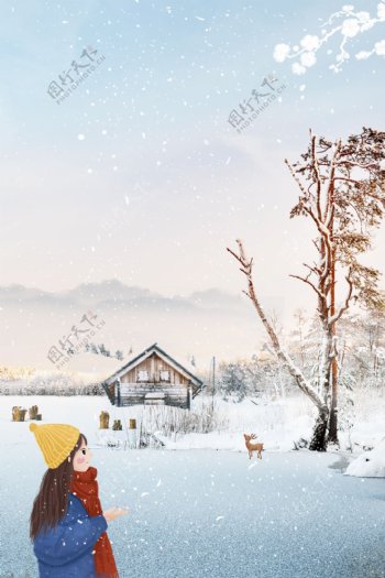 手绘卡通冬天大雪背景